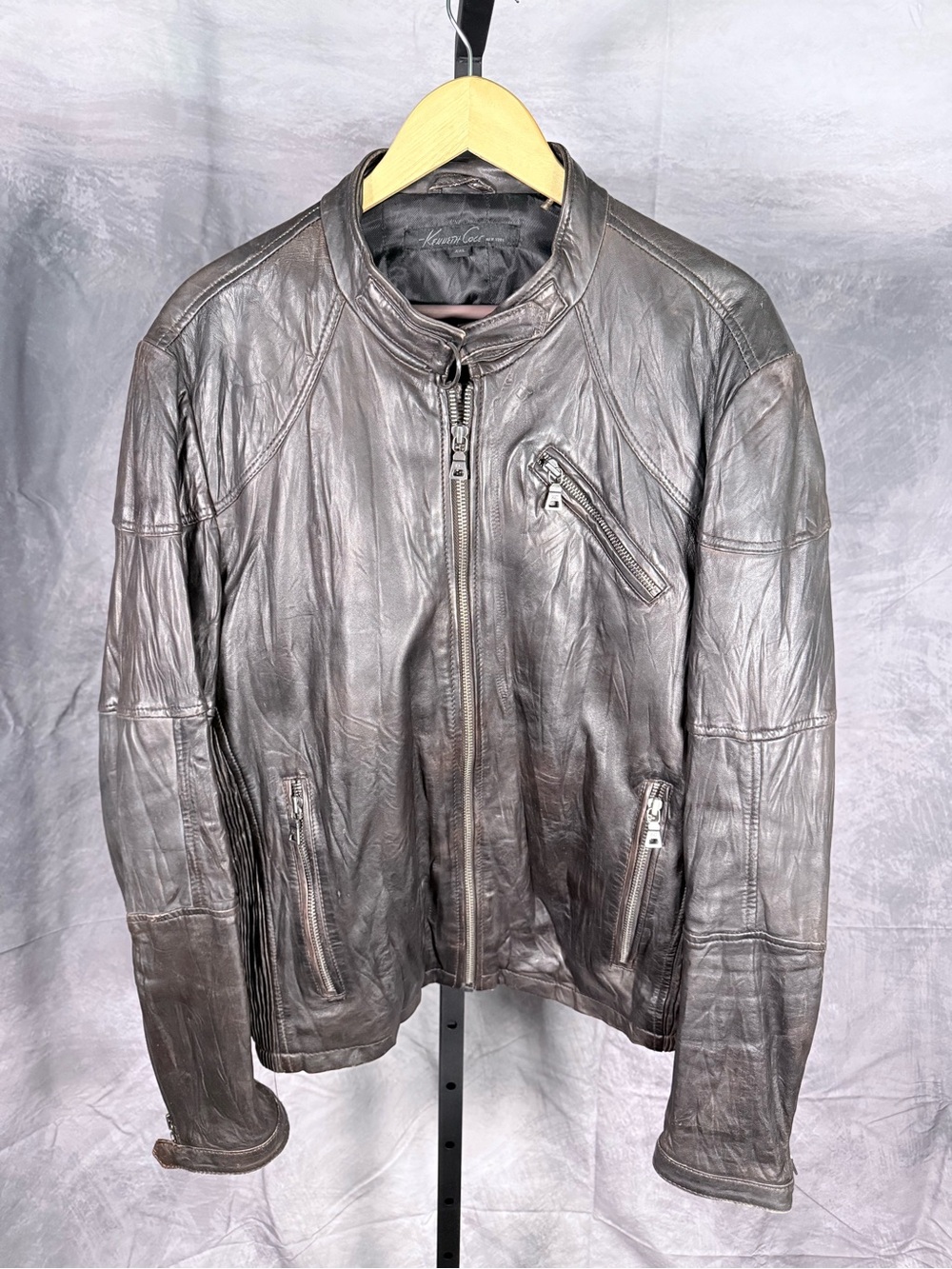 Kenneth Cole Brown Leather Zip-Front Bomber Jacket